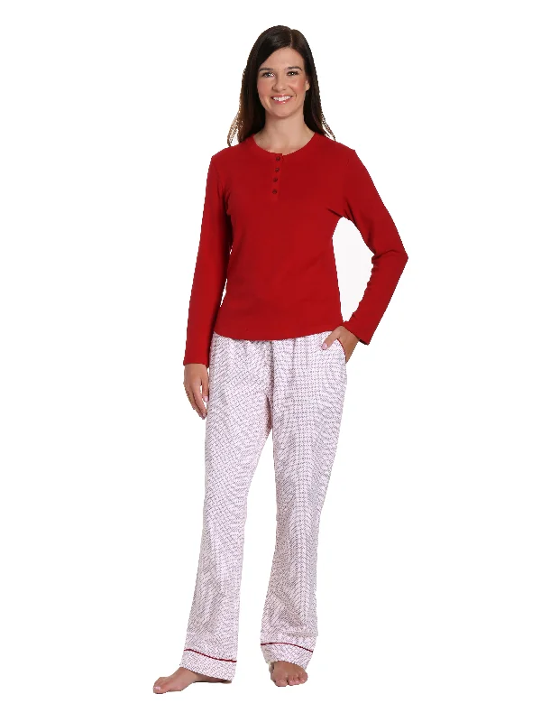 Womens Premium Cotton Flannel Loungewear Set - Geo Mosaic White/Red