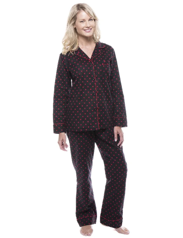 Women's 100% Cotton Flannel Pajama Sleepwear Set - Dots Diva Black/Red