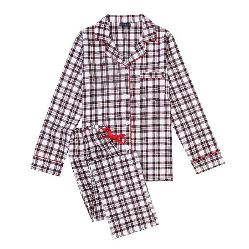 Women's Cotton Lightweight Flannel Pajama Set - Plaid White-Black