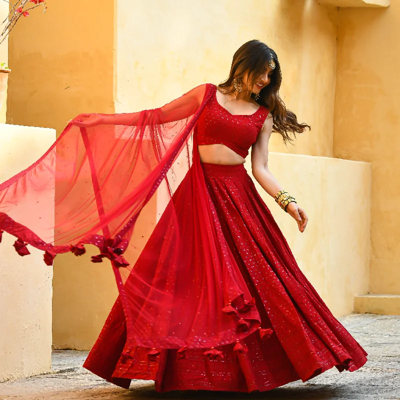 Bunaai Maroon Chikankari Lehenga Set