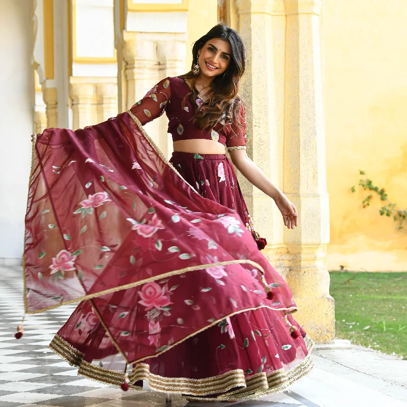 Maroon Floral Handpainted Organza Lehenga