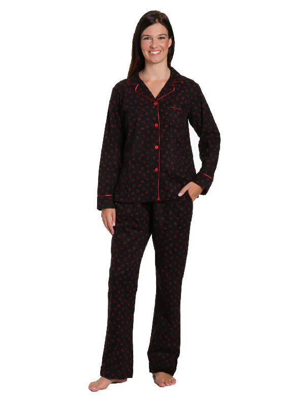 Womens Premium 100% Cotton Flannel Pajama Sleepwear Set - Doodle Hearts Black-Red