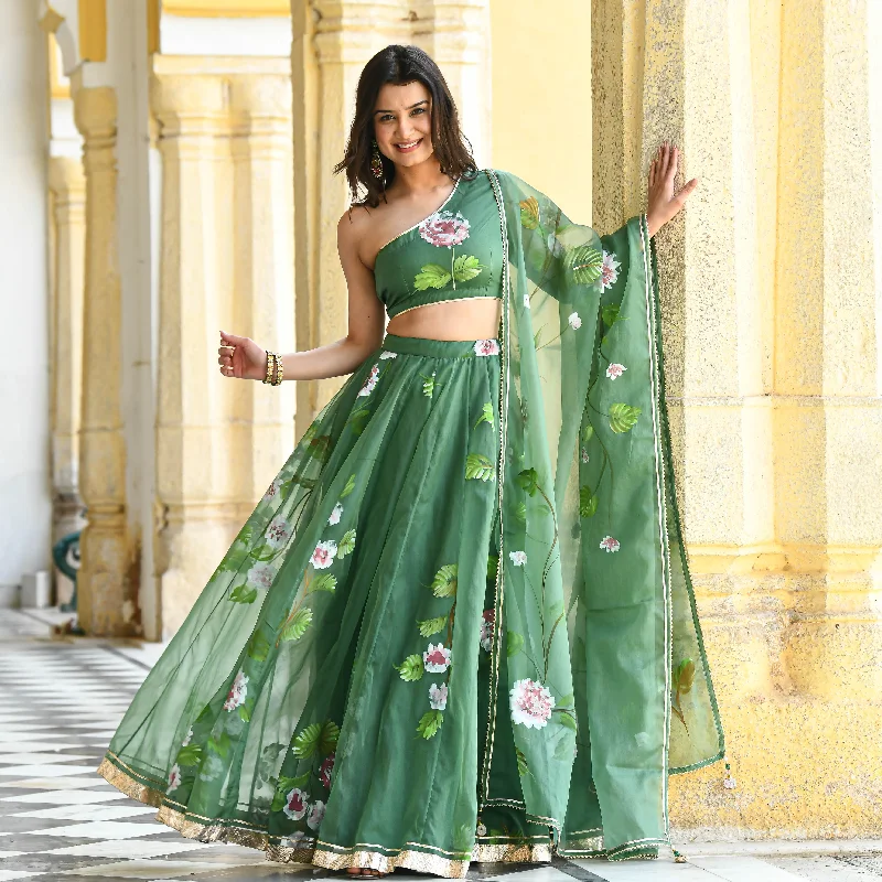 Moss Green Handpainted Organza Lehenga