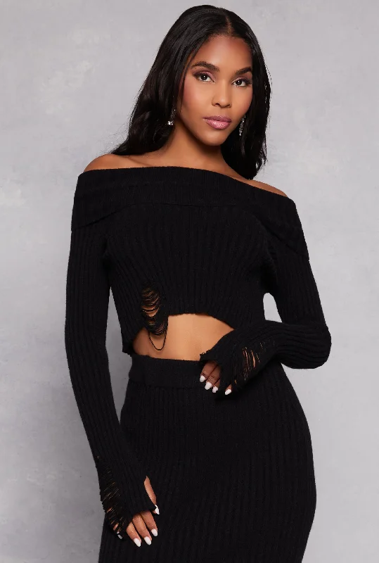 Distressed Ribbed Knit Off the Shoulder Sweater