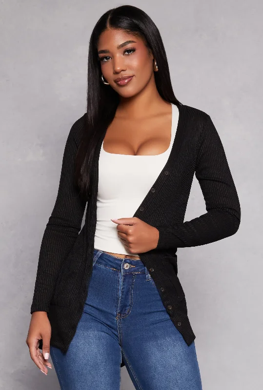 Ribbed Button Front High Low Sweater