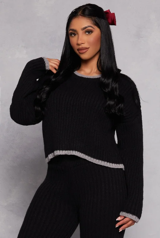 Ribbed Contrast Trim Long Sleeve Sweater