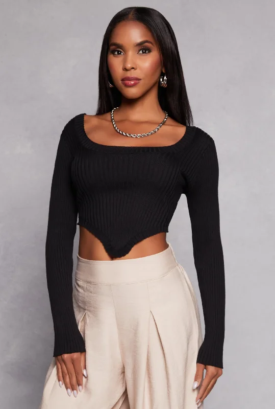 Ribbed Scoop Neck Hanky Hem Sweater