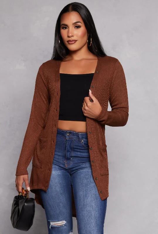 Ribbed Button Front High Low Sweater