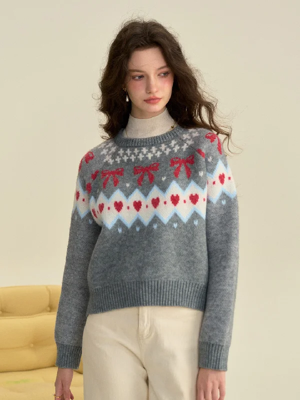 Elina Round Neck Ribbed Embroidered Bow Heartcore Sweater