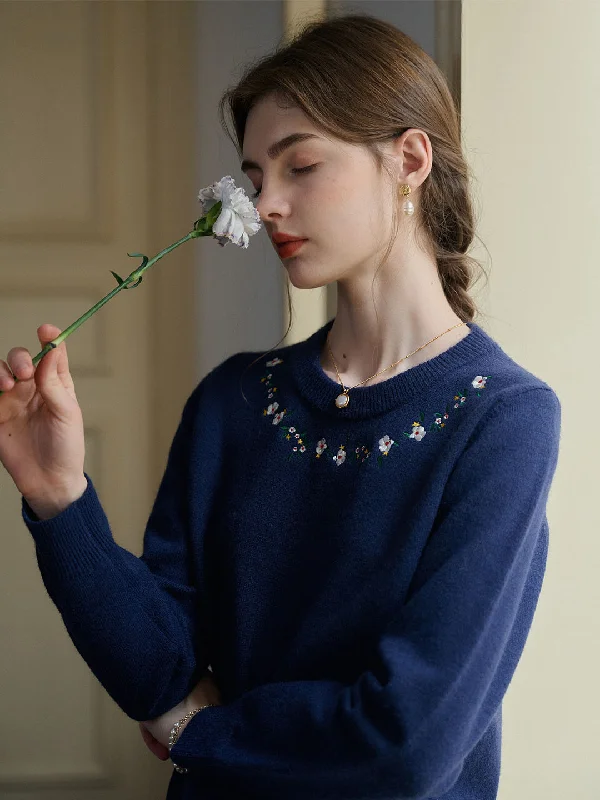 【Final Sale】Elsa Floral Embroidery Christmas Blue Knit Sweater