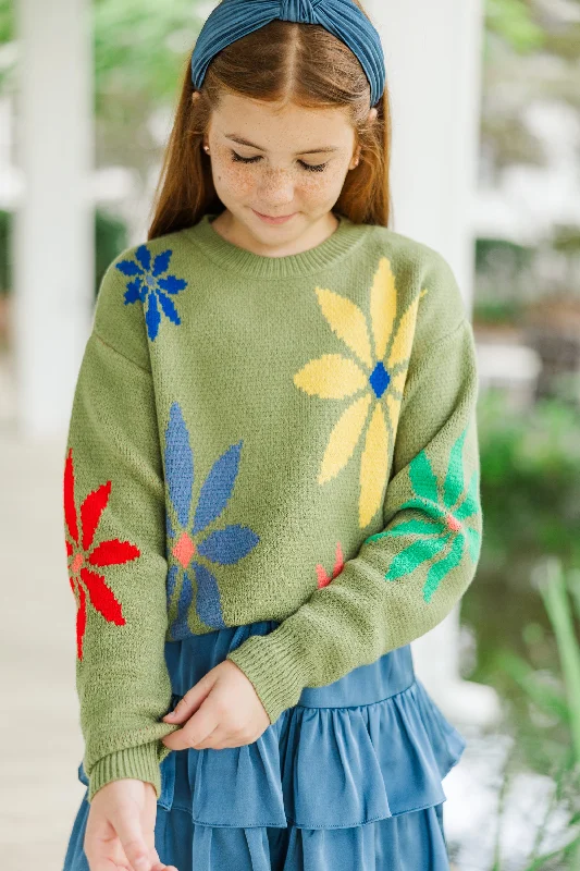 Girls: Be Yourself Olive Green Floral Sweater