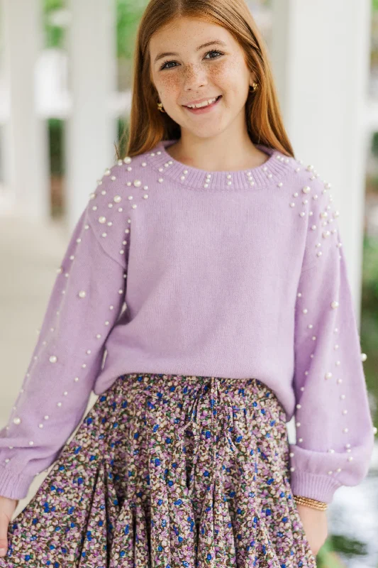 Girls: Can't Help But Love Lavender Purple Pearl Studded Sweater