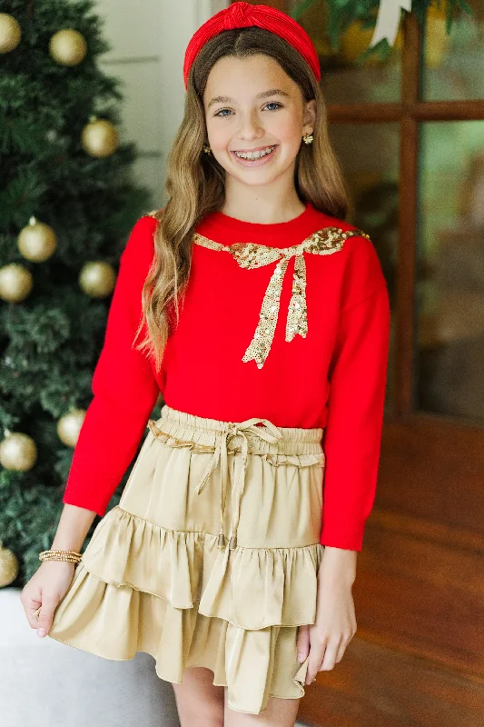 Girls: Feeling Present Red Sequin Bow Sweater