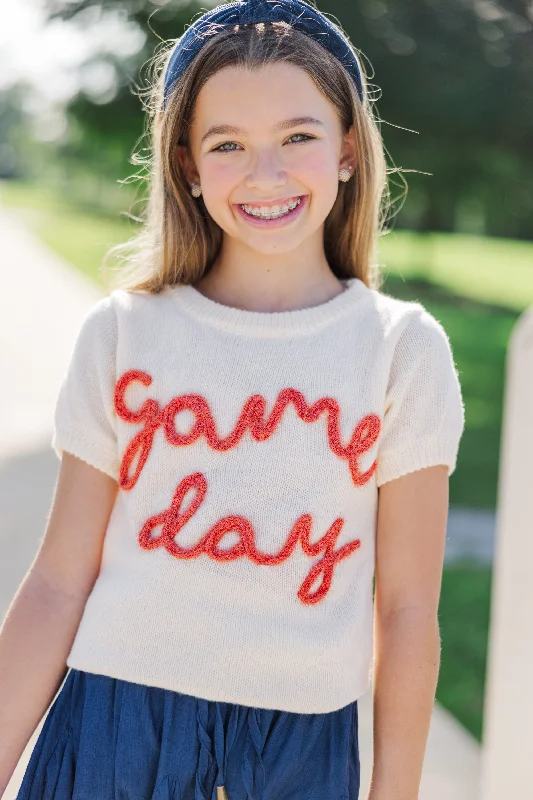 Girls: It's Game Day Ivory/Orange Puff Sleeve Sweater