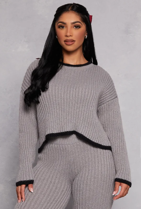 Ribbed Contrast Trim Long Sleeve Sweater