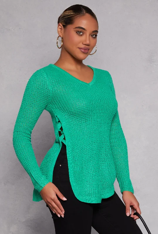 Waffle Knit V Neck Caged Side Sweater