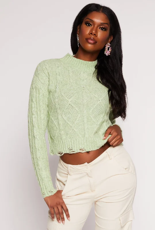 Wool Cable Knit Distressed Cropped Sweater