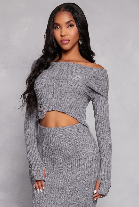 Distressed Ribbed Knit Off the Shoulder Sweater