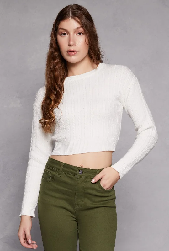 Cable Knit Crew Neck Cropped Sweater