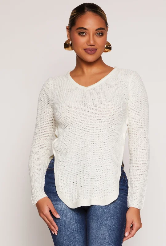 Waffle Knit V Neck Caged Side Sweater