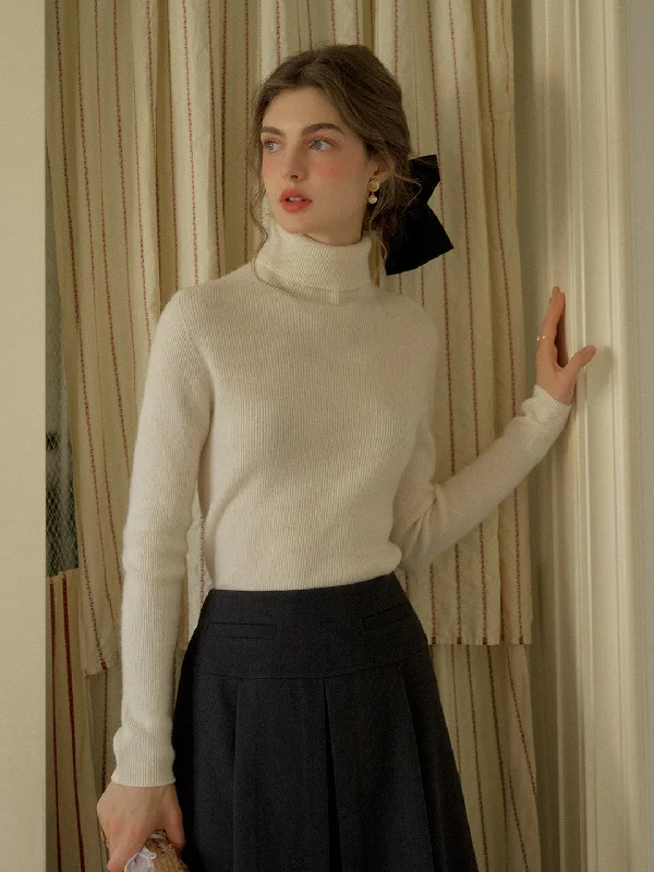 Yasmin Simple Turtleneck Slim Fit Wool& Cashmere Sweater - White