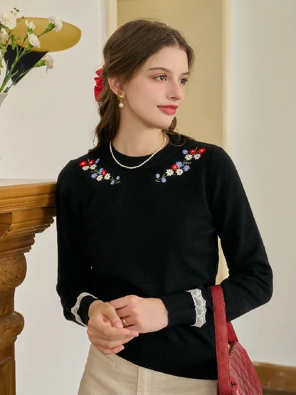 Lilianna Round Neck Ribbed Embroidered Flower Contrasting Lace Fit Sweater