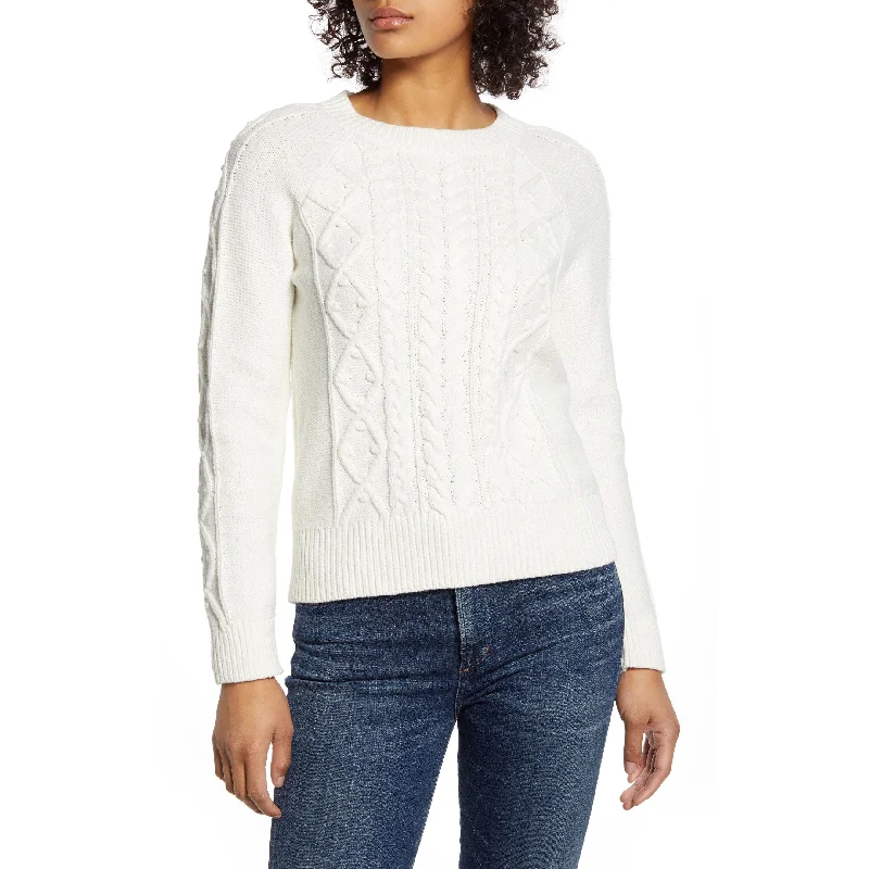 Lucky Brand Women's Cable Knit Ribbed Trim Crewneck Sweater White Size Xl