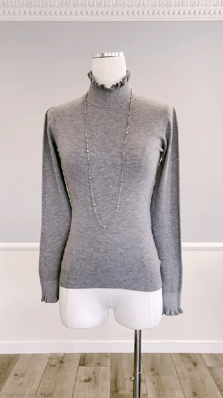 Lydia Ruffle Tip Grey Mock Neck Sweater