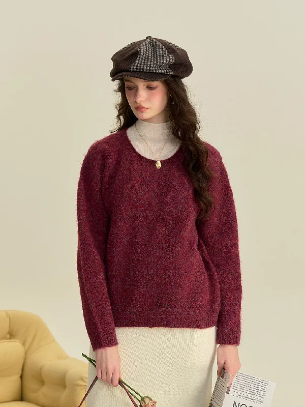 Aspyn Classic Round Neck Knitted Wool Sweater - Dark Red