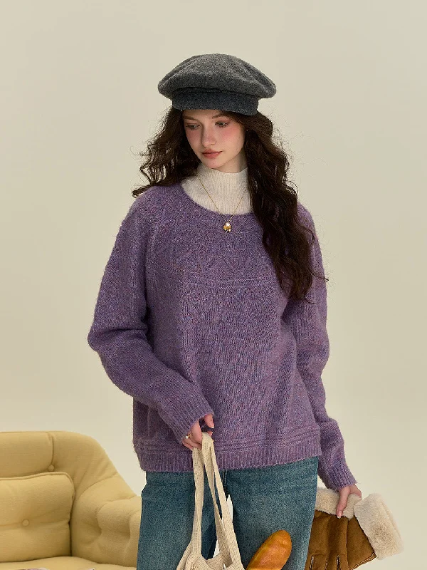 Marlowe Classic Round Neck Knitted Wool Sweater - Purple