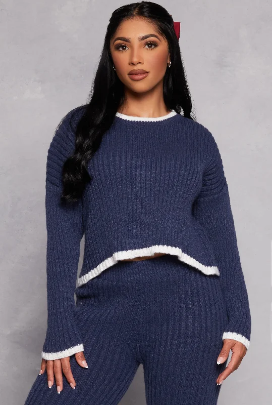 Ribbed Contrast Trim Long Sleeve Sweater