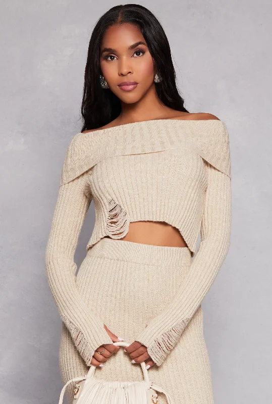 Distressed Ribbed Knit Off the Shoulder Sweater