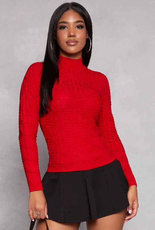 Greek Key Textured Knit Mock Neck Sweater