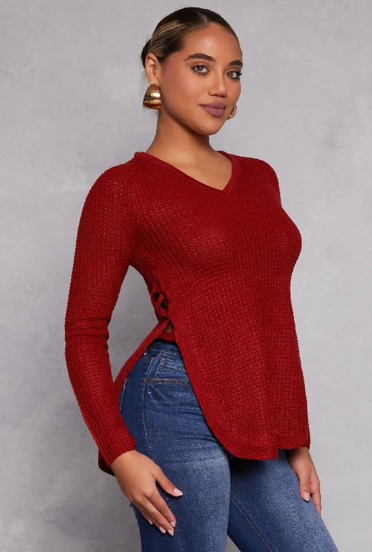 Waffle Knit V Neck Caged Side Sweater