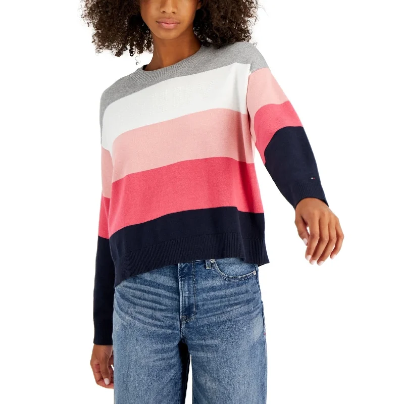 Tommy Hilfiger Women's Stripe Logo Bubble Sweater Pink Size X-Large