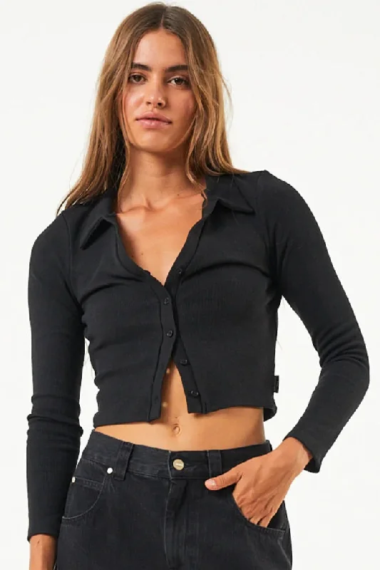 AFENDS Womens Eliza - Hemp Ribbed Long Sleeve Shirt - Black