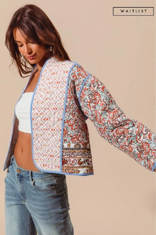 Waitlist 12/7 ♥ Alyce Long Sleeve Paisley Print Open Front Quilted Shacket Blue