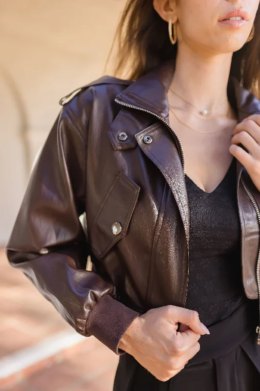 Aria Vegan Leather Cropped Bomber Jacket Brown