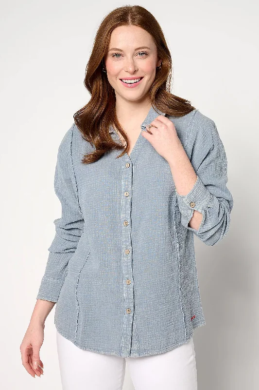 Boheme Gauze Button Front Hi-Low Hem Shirt