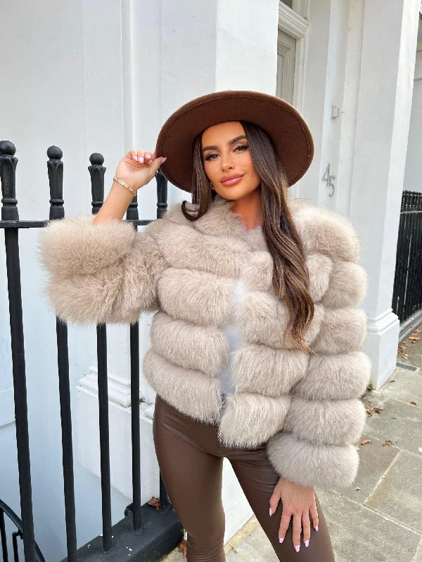 Dark Beige Luxury Fur 5 Row Cropped Sleeve Jacket