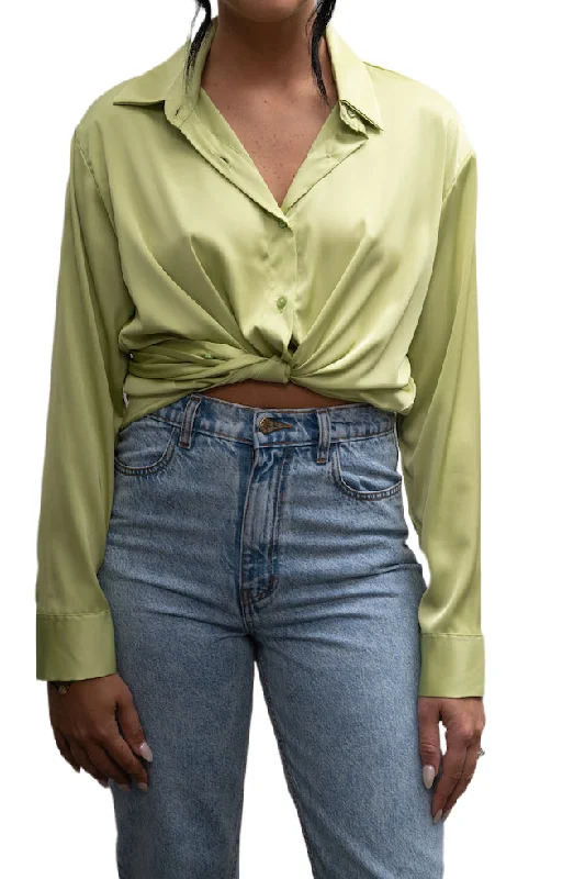 EFFIE KATS Womens Satin Wrap Shirt Chartreuse