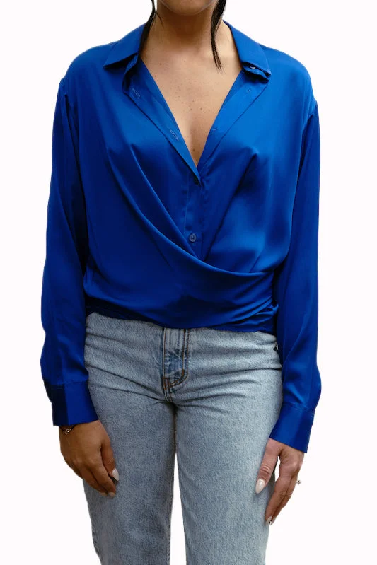 EFFIE KATS Womens Satin Wrap Shirt Cobalt