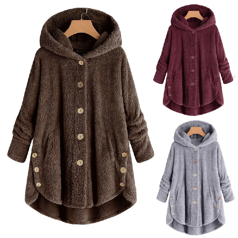 Fashion Women Button Coat Fluffy Tail Tops Hooded Pullover Loose Jackets Sweater elegant ladies solid color Coats Jackets#G1