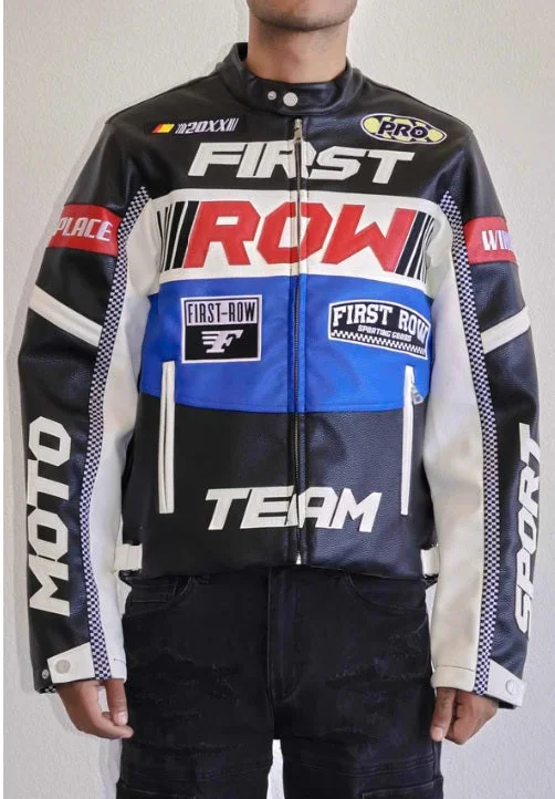 First Row Contrast Motor Racing Leather Jacket (Black)