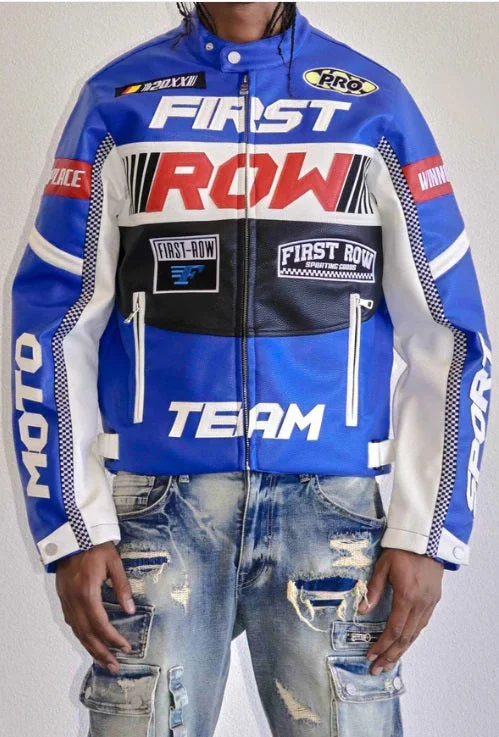 First Row Contrast Motor Racing Leather Jacket (Blue)