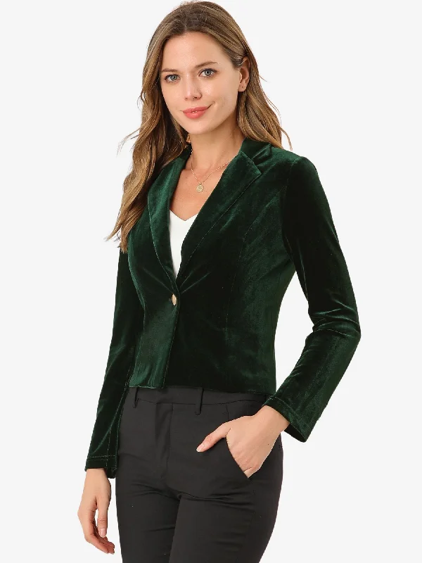 Single Button Velvet Lapel Business Crop Blazer Jacket