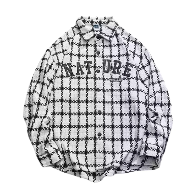 Plaid Leather Logo Embroidered Long Sleeves Shirt