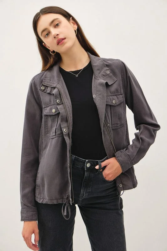 Shayla Long Sleeve Drawstring Utility Jacket Charcoal