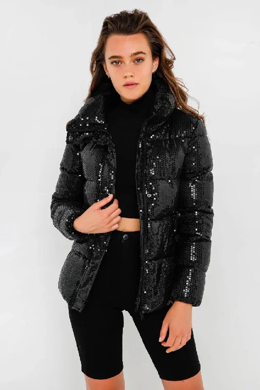 Unreal Fur WOMENS DESIRE SEQUIN PUFFER  JACKET BLACK