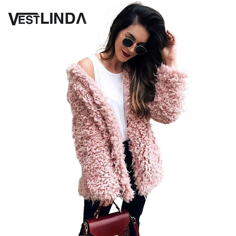 VESTLINDA Winter Grey Wool Overcoat Warm Outerwear Women Pink Faux Fur Coat Turn Down Collar Long Sleeve Cardigan Female Outwear